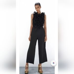 NWT Zara Black Ruffled Top Wide Leg Jumpsuit Sz Large